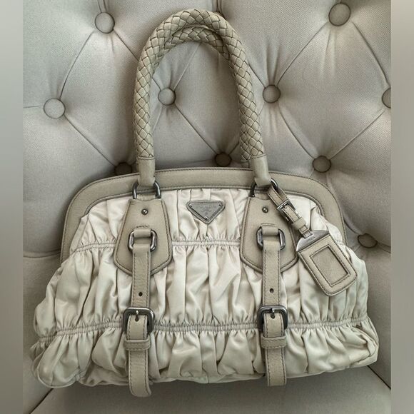 Prada Beige Gaufre Tessuto Nylon Handbag Braided Leather Handles - Picture 2 of 11